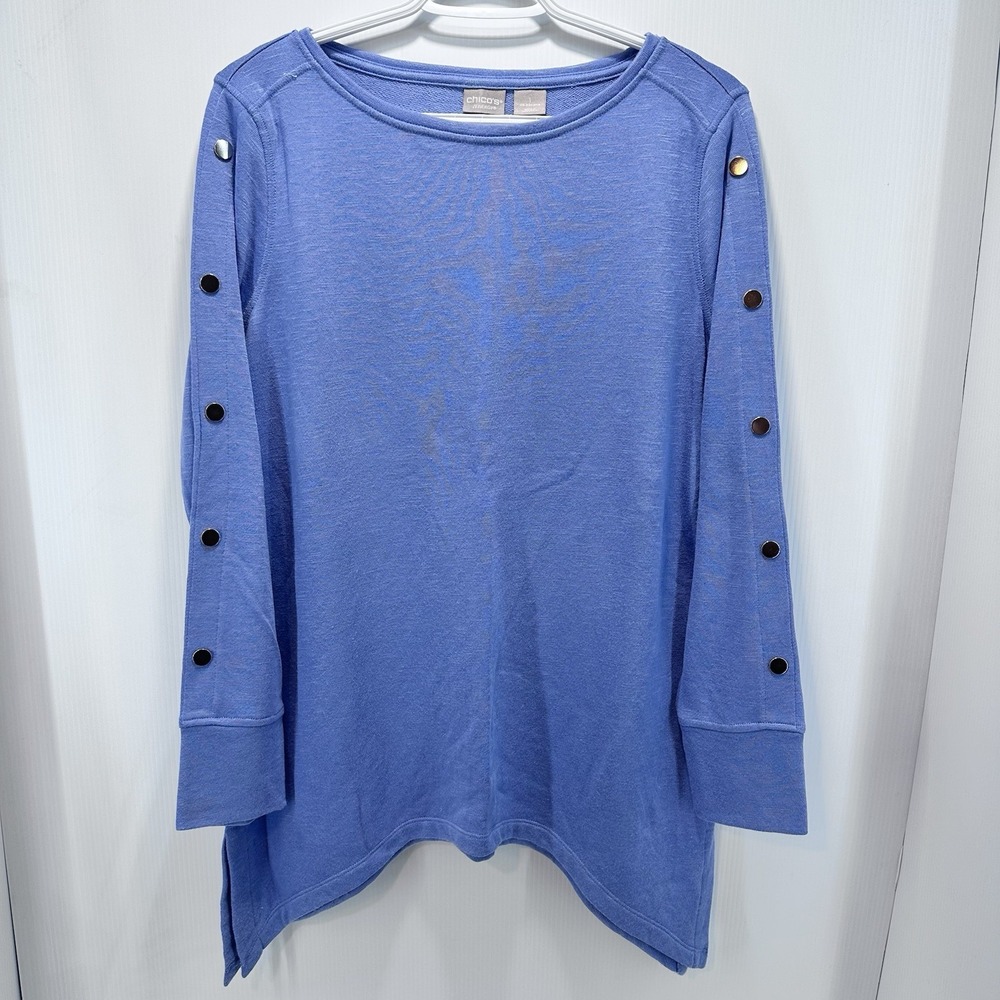 Chico's Zenergy Hydrangea Blue Tunic Women's Size 8/10 Pullover Button Sleeve